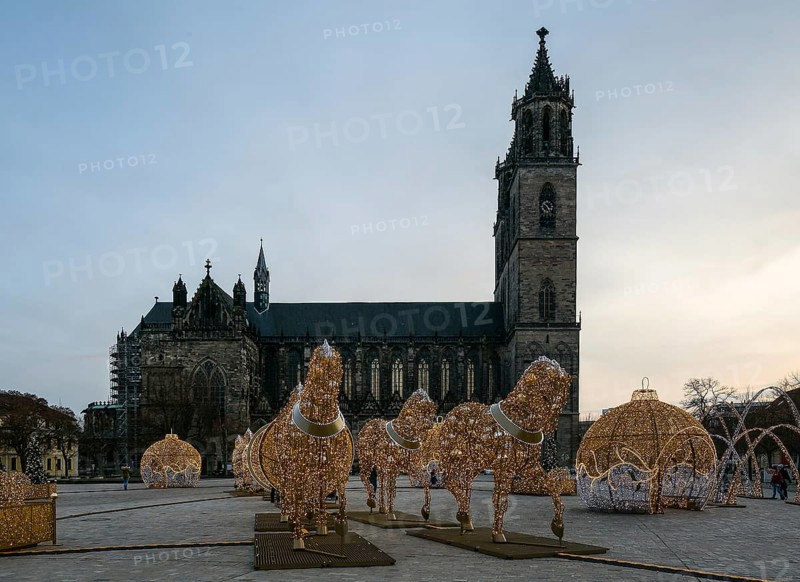 Magdeburg Domplatz 3801 at the back of the cathedral on the square Light sculptures depicting the Magdeburg hemisphere experiment of 1657, St., Sankt, Saint