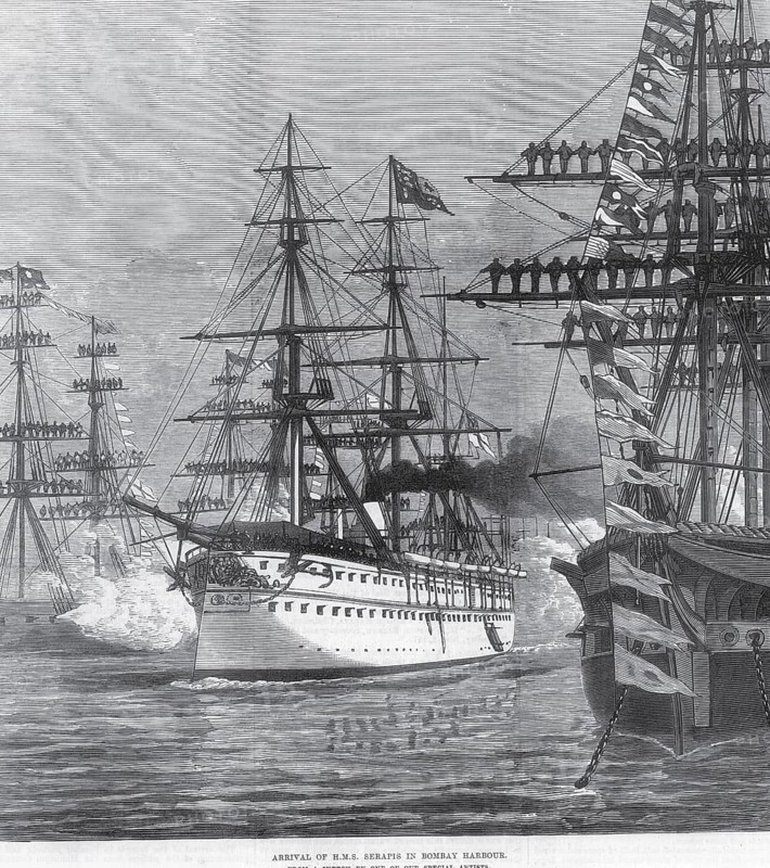 Royalty on Tour Arrival of HMS Serapis in Bombay Harbour, Bombay Mumbai, Maharashtra, India, Asia