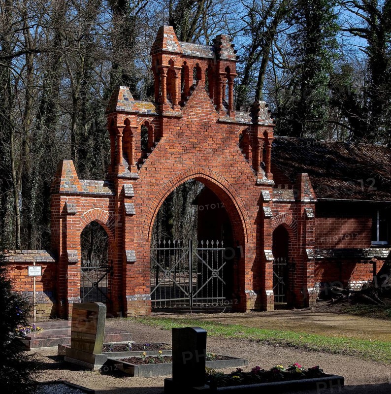 Vollenschier Altmark cemetery gate 74700 View from the south Neo-Gothic canopy architecture 1876-80 by Conrad Wilhelm Hase
