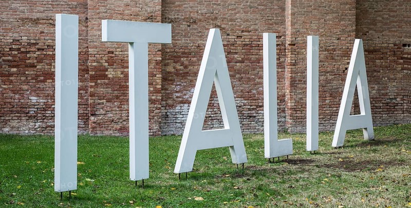 Italy Venice Architecture Biennale 2018 -220 freestanding lettering ITALIA in front of the relevant exhibition hall