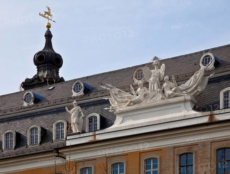 Wermsdorf Saxony Hubertusburg hunting lodge 1721-51 by Joh Chr Naumann and Joh Chr Knöffel 75301 sculptural trophy decoration on the north wing left ridge turret
