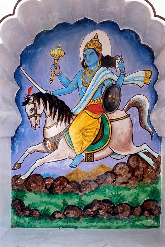 Kalkiavtar or Kalanki tenth incarnation of Lord Vishnu colourfully painted on wall Vishnu Narayan temple Pune