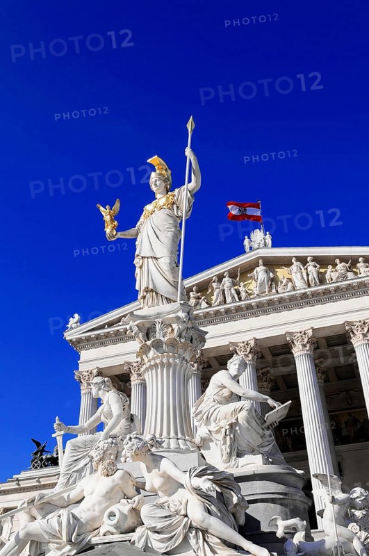 Statue of Pallas Athena in front of the Parliament, Vienna, Austria, Europe, Detail of the Athena fountain in front of the Vienna Parliament with blue sky, Europe