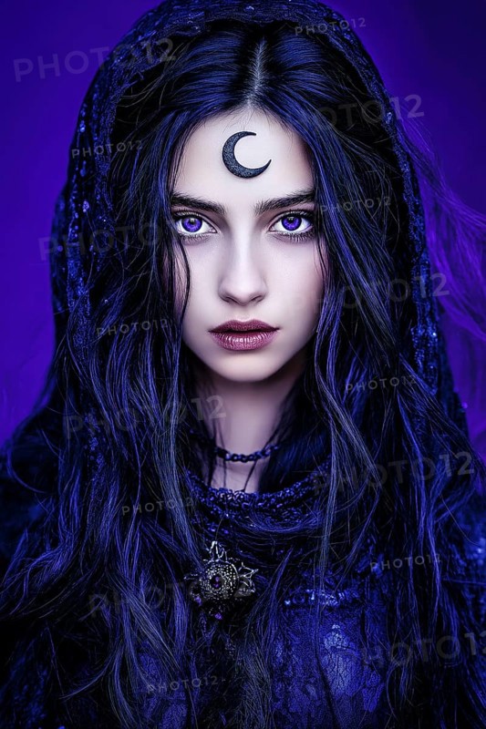 Magical woman with deep violet eyes and mystical aura in dark robe with moon symbol, generated with AI, AI generated