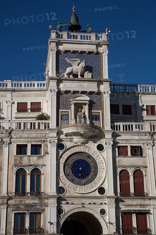Italy Venice Clock tower on St Mark's Square -455 completed in 1499 by Mauro Codussi Analogue and digital clock created by Paolo and Carlo Rainieri top bell-ringer