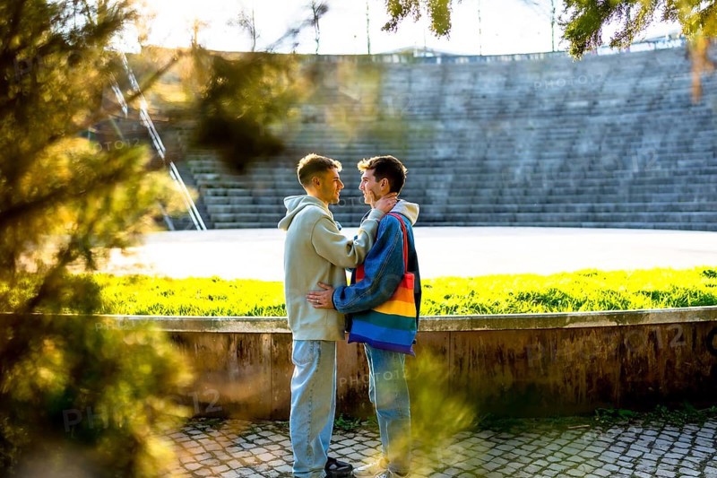 Two young men embracing in a sunlit park, celebrating love, acceptance, and the vibrant spirit of lgbtq plus rights and community