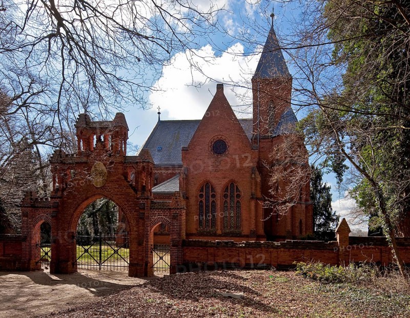 Vollenschier Altmark former manor church and cemetery gate 74726 View from north neo-Gothic brick buildings 1875-80 by Conrad Wilhelm Hase
