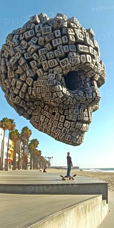 A person on a skateboard is captured at a seaside boardwalk, with the shore and a striking skull sculpture made of numbered blocks in the background, under the blue sky, AI generated
