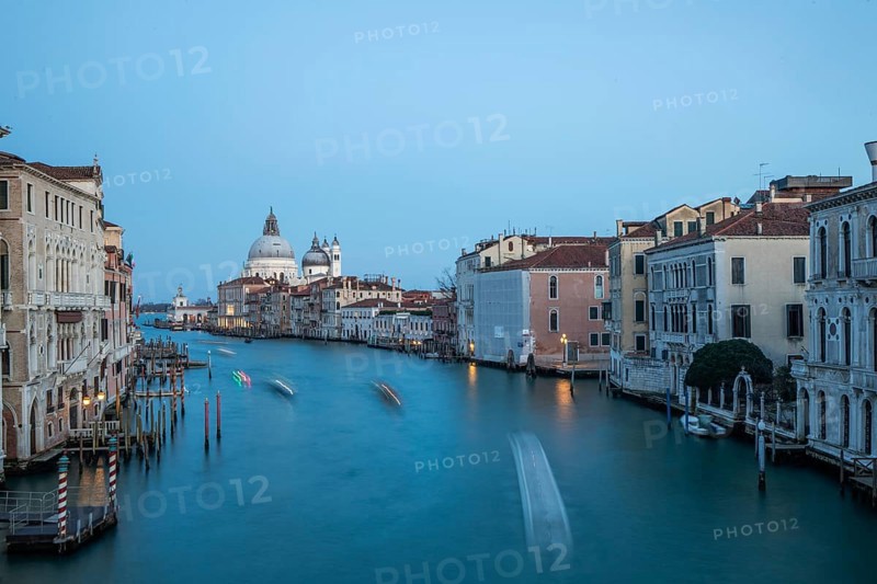 View from the Ponte dell'Academia onto the Grand Canal and the Basilica di Santa Maria Della Salute, light trails, long exposure, Venice, Italy, Europe