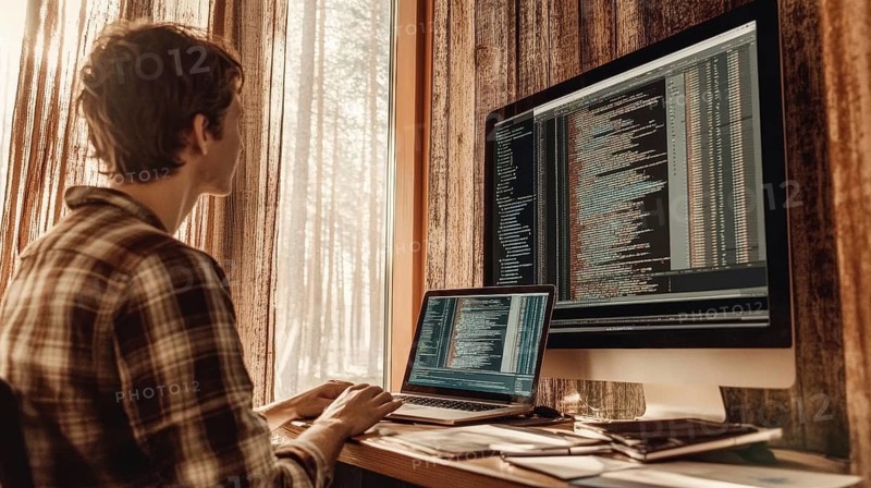 Young adult working remotely at home. The individual is using a laptop and monitor to write code. The setting has a rustic aesthetic with a wooden wall and a window looking out to a natural view, AI generated