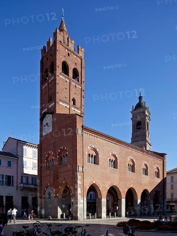 Italy Monza 88235 Town hall called ARENGARIO c. 1300 two-aisled open pillared hall above council chamber left Torre del Comune behind tower of the cathedral