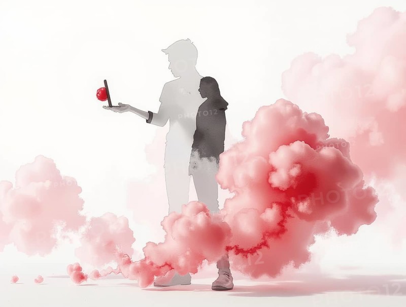 This artistic piece showcases two indistinct figures partially obscured by swirling pink clouds. One holds a sphere, creating a surreal, dreamy atmosphere. The muted palette and soft focus enhance the ethereal mood, AI generated
