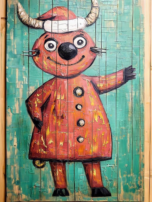 A whimsical cartoon character painting on rustic wood planks, with a charming expression. The art piece features a joyful and playful subject matter, capturing a sense of happiness, AI generated