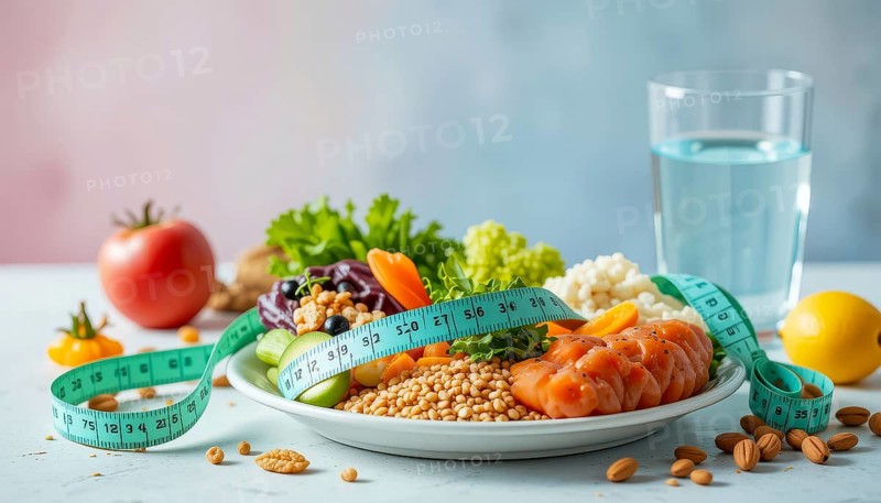 A nutritious plate featuring salmon, vegetables, and measuring tape emphasizes health and diet in a fresh setting, AI generated