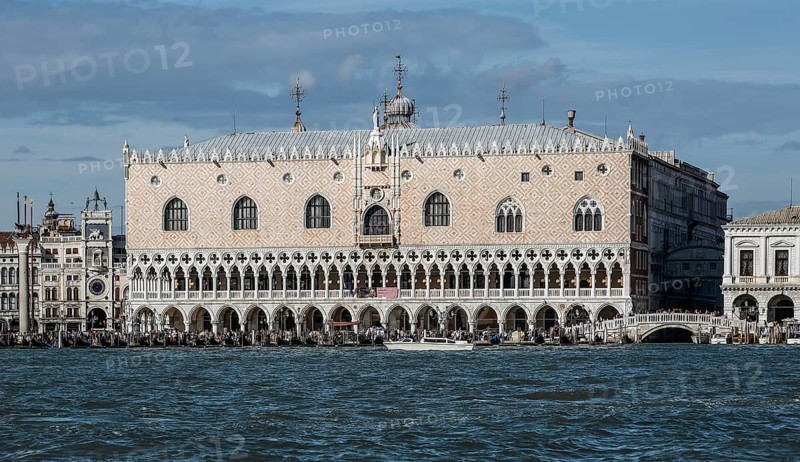 Italy Venice Doge's Palace -293 View from south left clock tower right Ponte di Paglia and state prison
