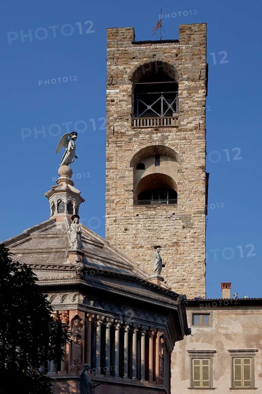 Italy Bergamo 89539 Torre del Comune 12th century Height 54 m Campanile and clock tower left Baptistery 14th century
