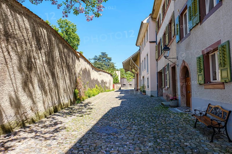 Idyllic cobbled alleyway lined with historic buildings and wooden shutters in sunny weather, Rheinfelden, Aargau, Switzerland, Europe