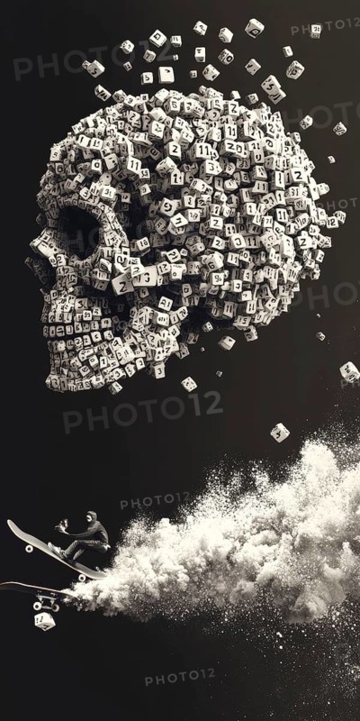 The artwork blends dark themes with dynamic motion. A human skull appears to be formed from numbered dice, while a skateboarder rides below, creating visual tension and intrigue, AI generated