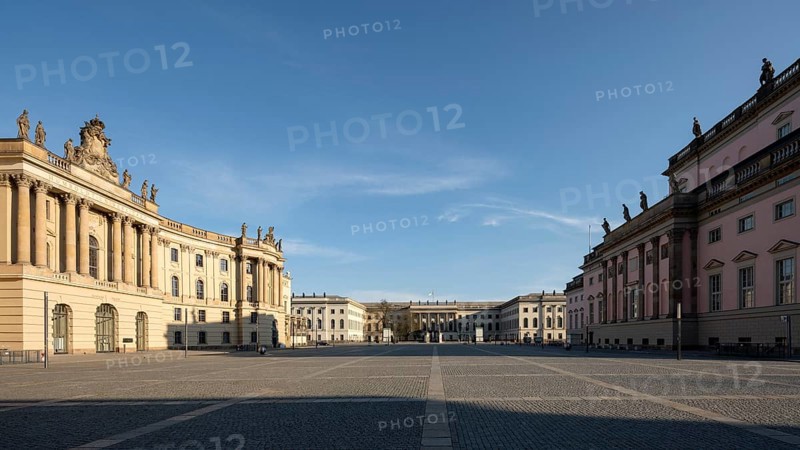 Berlin, Unter den Linden, Bebelplatz with old library (left), Humboldt University and Staatsoper Unter den Linden (right)