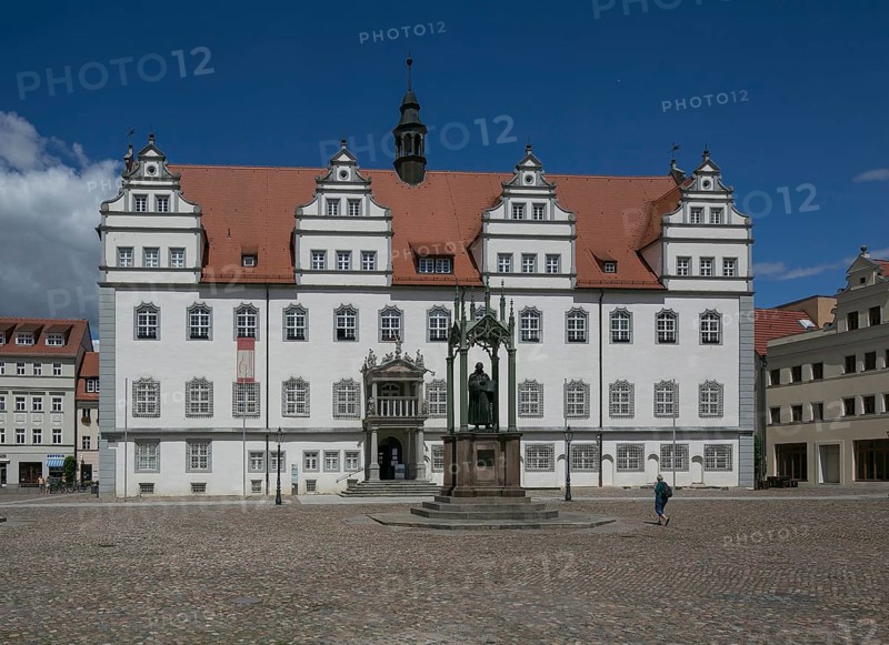 Luther city Wittenberg Town Hall 6309 begun 1521 present appearance since 1573 in front of it Luther monument by Gottfried Schadow 19th century