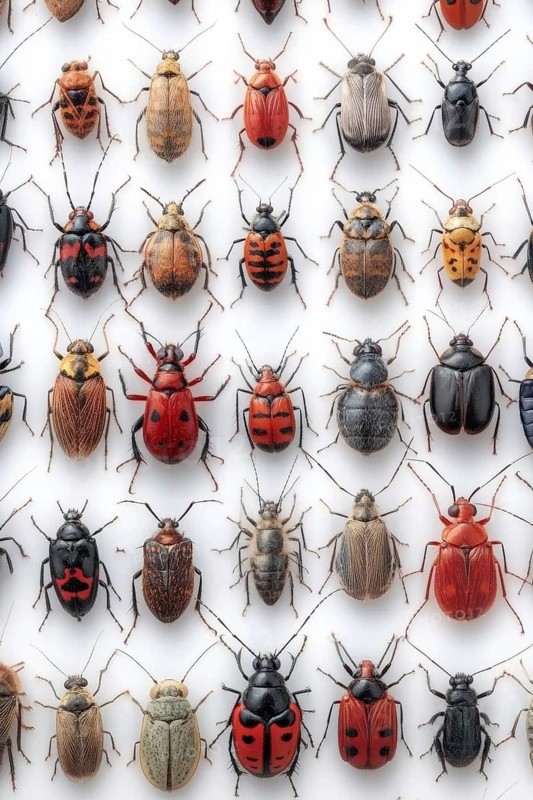 An array of beetles, diverse in color and form, are neatly arranged against a white background. The image highlights the variety within this insect group, showcasing different species, AI generated