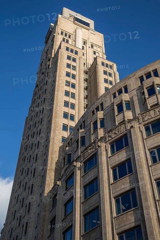 Antwerp, Boerentoren (Farmer's Tower) Tower block from below built in 1930 by Jan van Hoenacker 97 m high Reliefs with agricultural themes