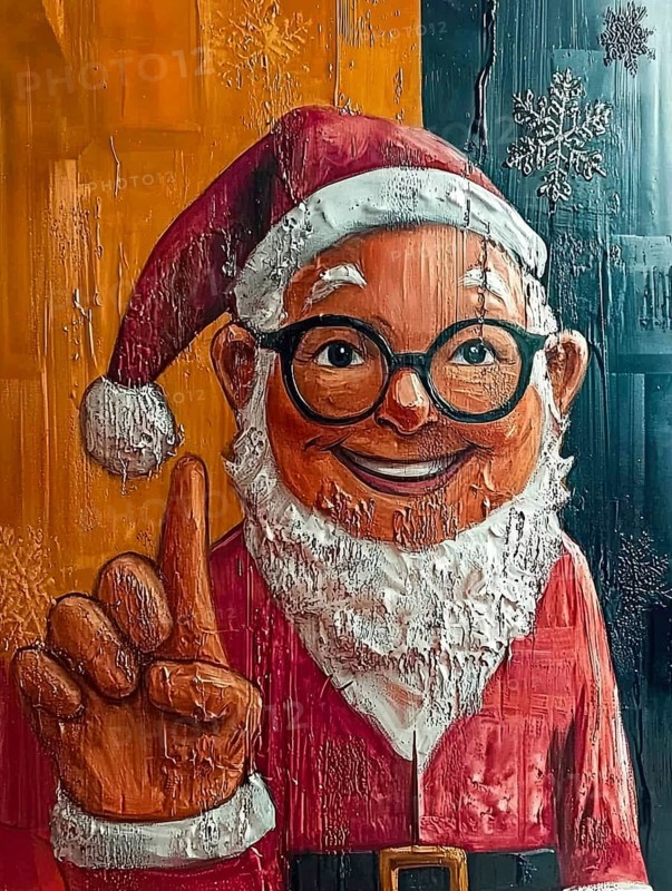 Whimsical artwork depicts Santa with glasses, raising his index finger in a gesturing pose. The piece is textured, layering colors across a backdrop decorated with snowflake designs, AI generated