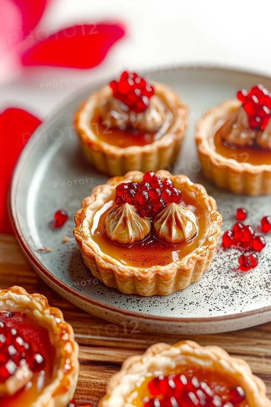 A culinary shot of miniature fruit tarts on a speckled plate. The tarts boast a flaky crust, filled with a sweet, shiny glaze. Topped with cream and a scattering of vibrant pomegranate seeds, AI generated