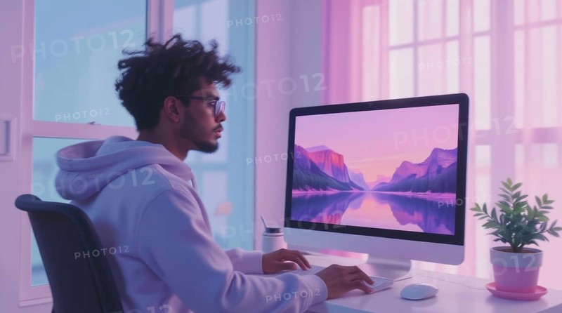 A young man wearing glasses and a hoodie works on a desktop computer in a brightly lit room, a potted plant sits next to the screen displaying a mountain landscape, and a window is visible in the background, AI generated