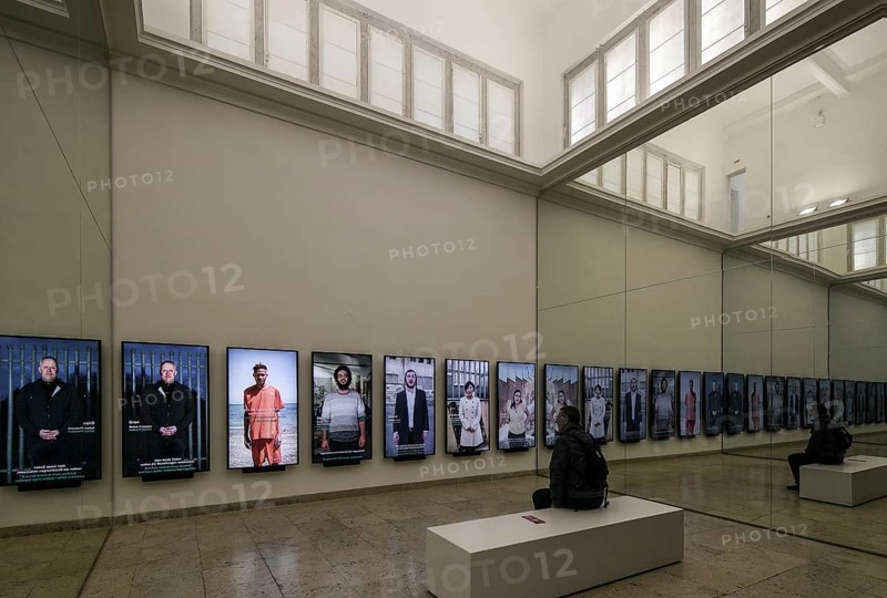 Venice, Biennale grounds, German Pavilion during the 2018 Architecture Biennale, video installation WALL OF OPTIONS by Maria Seifert between mirrored walls