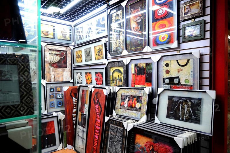 Display of paintings and frames in chinese shop, Yiwu, China, Asia
