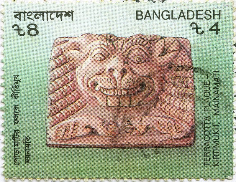 Terracotta plaque postal stamps Kirtimukh, Mainamati, Bangladesh, Asia