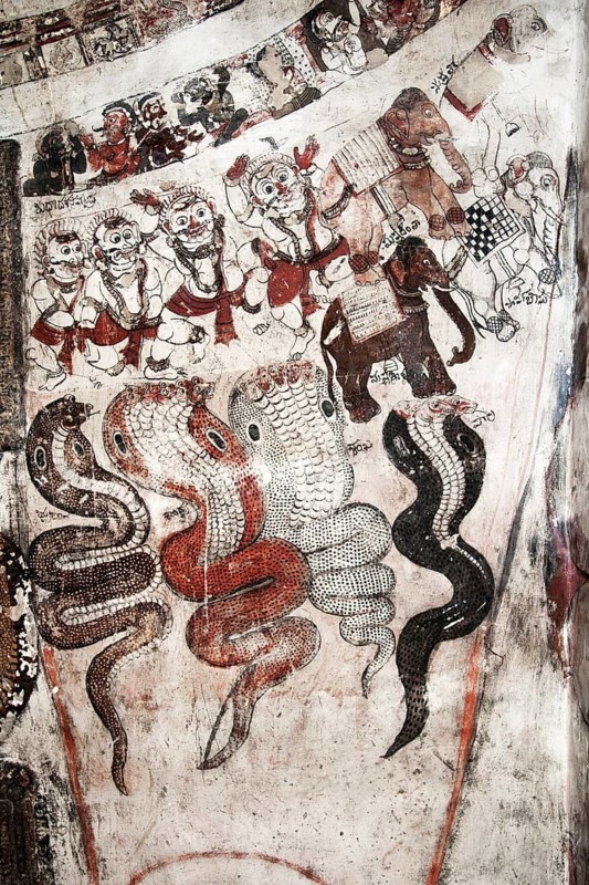 Murals depicting Ramayana and Mahabharat on ceiling in Chennakeshavaraya temple, Adiyamankottai near Dharmapuri