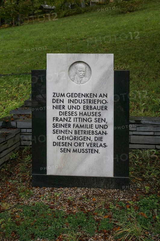 Probstzella, HAUS DES VOLKES, modern memorial stone in the park with marble relief of the founder Franz Itting sen. 1875-1967
