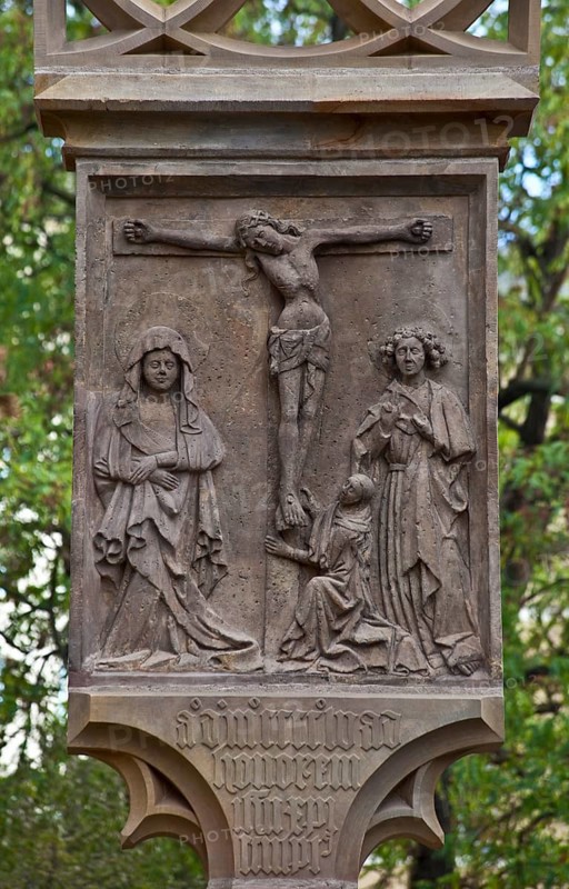 Halle Saale Prayer column on the Universitätsring 58646 Inscription dated 1455 Partial view from the west with relief of the crucifixion restored 2012