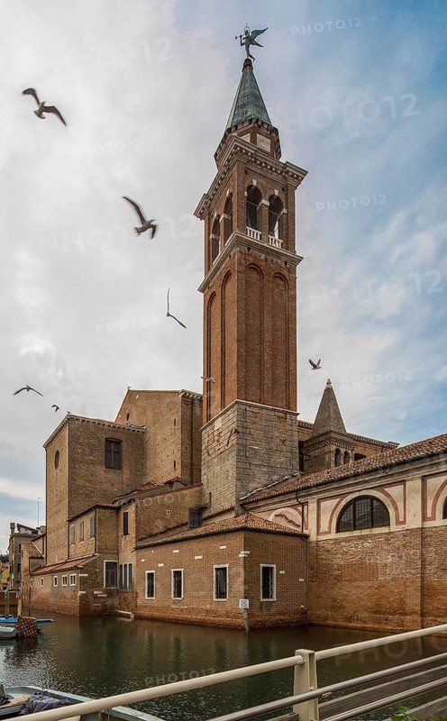 Chioggia near Venice, Church of San Giacomo Apostolo, partial view with campanile over the Vena Canal, built in the late 18th century, St., St., Saint
