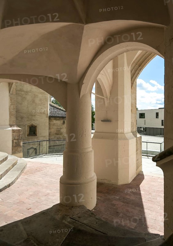 Luther city Wittenberg Castle 6196 Open staircase from the 1490s in the north-west corner of the courtyard Vestibule in the basement View to the outside