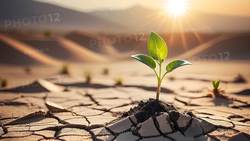 Green seedling on dry cracked desert soil. as save world concept, nature, environment and ecology, AI generated