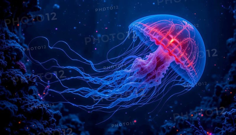 Red and blue glowing jellyfish with streaming tentacles, AI generated