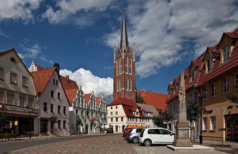 Kemberg market 88115 with town hall 16th century and town church 15th century tower 1856-59 by Friedrich August Ritter