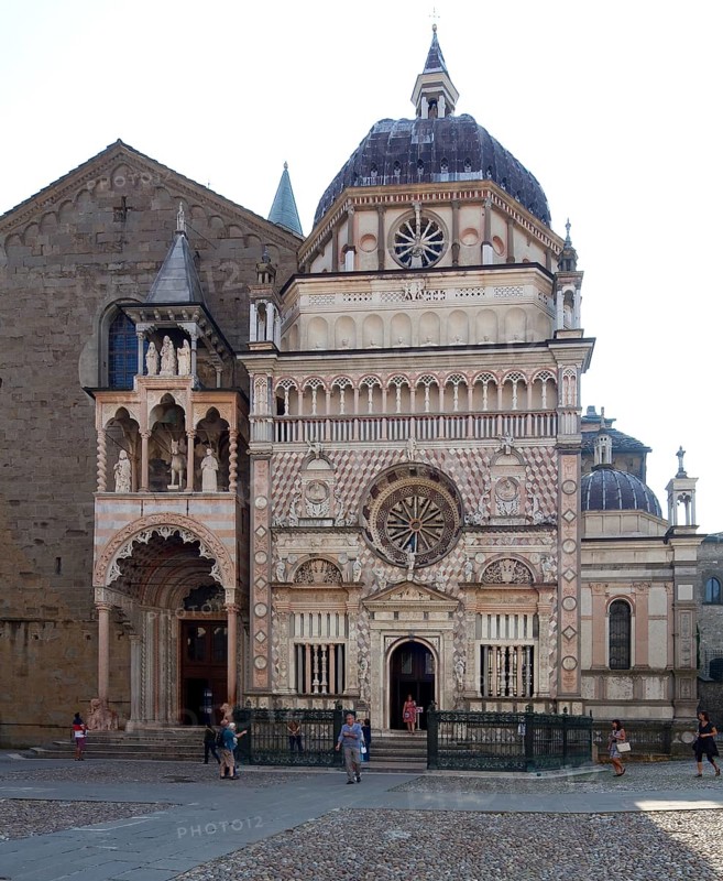 Italy Bergamo 89415 Colleoni Chapel acquired from 1472 - early 16th century Facade facing Cathedral Square left North portal of S Maria Maggiore from 1353 behind north transept gable