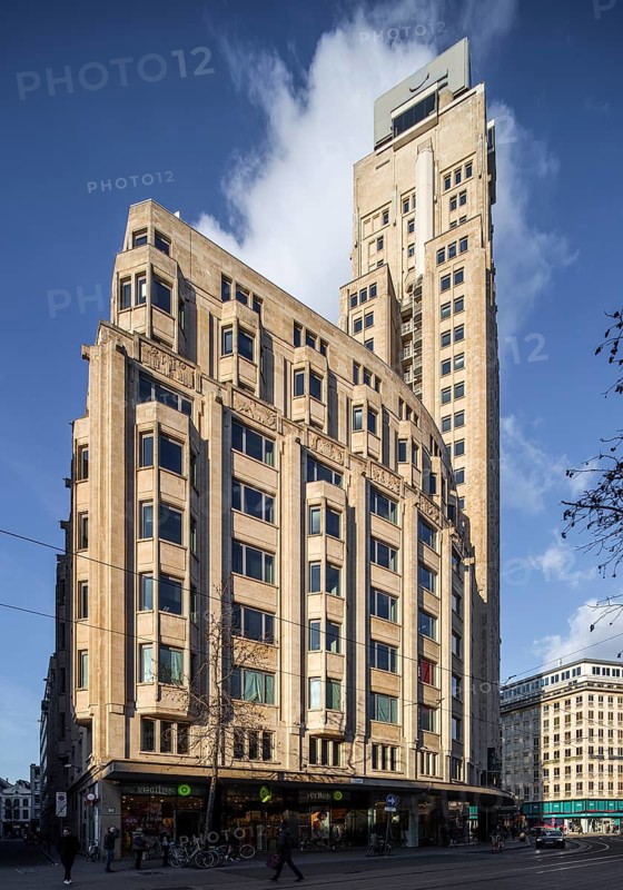 Antwerp, Boerentoren (Farmer's Tower) Tower block from below built in 1930 by Jan van Hoenacker 97 m high Reliefs with agricultural themes