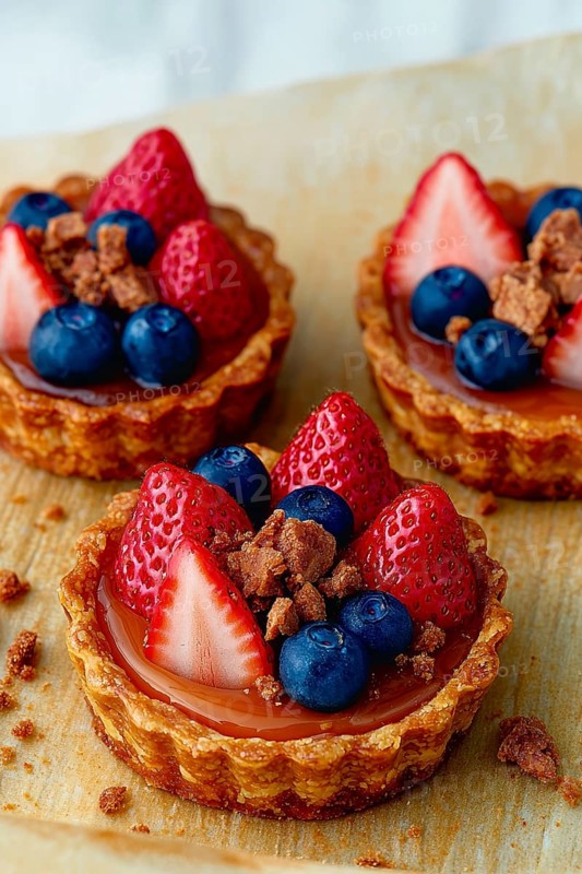 Three delicious fruit tarts featuring fresh strawberries, blueberries, and crumble toppings on a creamy filling inside a golden pastry crust. The small desserts rest on a neutral surface, AI generated