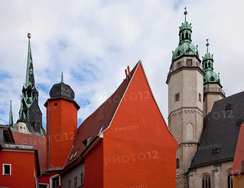 Hall S Buildings on the market square 76590 front courtyard side of the Marktschlößchen right Hausmann towers of the Marktkirche left top of the Red Tower