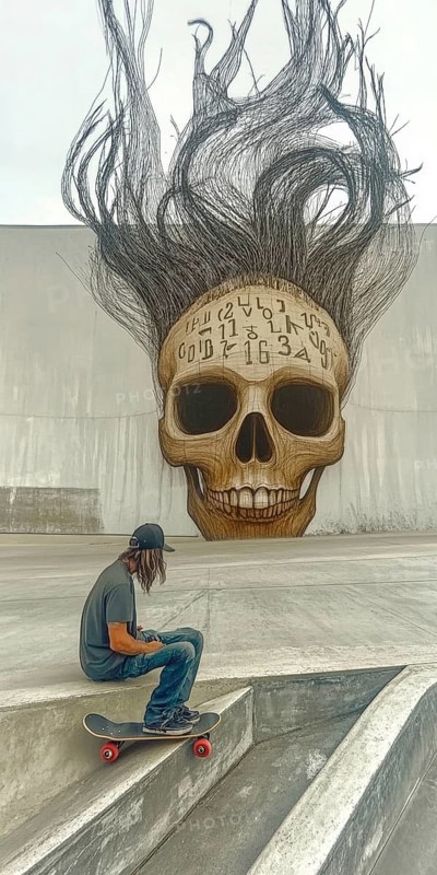 A skateboarder is seated at a skatepark, taking a break with their skateboard beside them. Behind the skateboarder is a large mural of an intricately designed skull art piece, AI generated