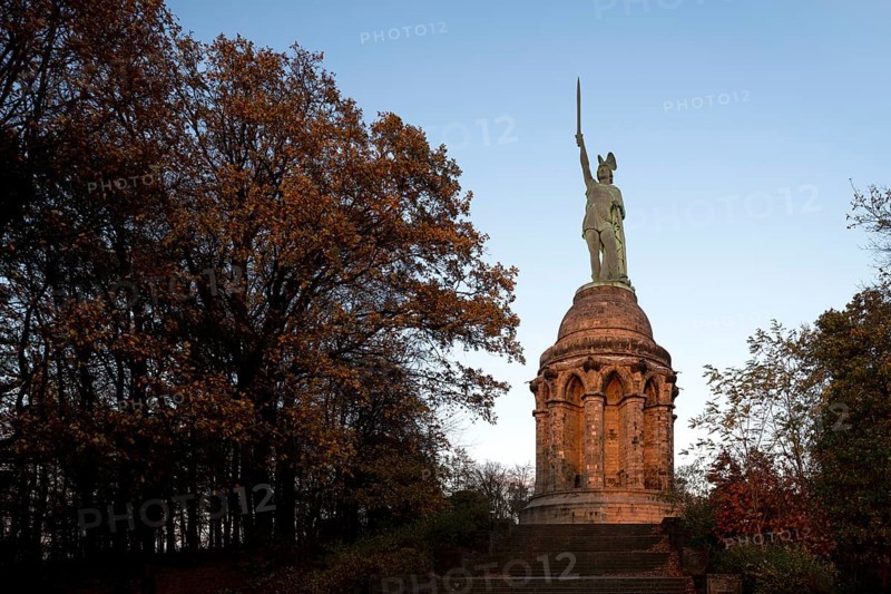 Detmold, Hermannsdenkmal, built 1838 - 1875 according to designs by Ernst von Bandel and inaugurated on 16 August 1875, view from the west, sunset