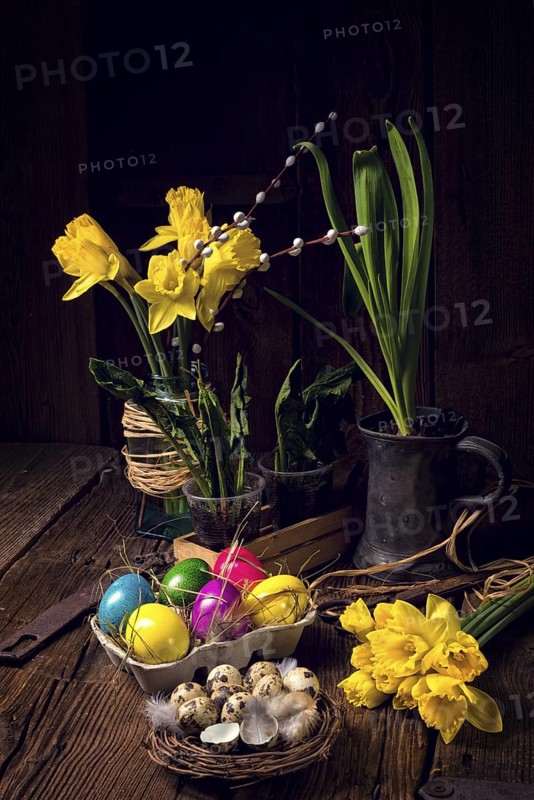 Easter eggs and daffodils