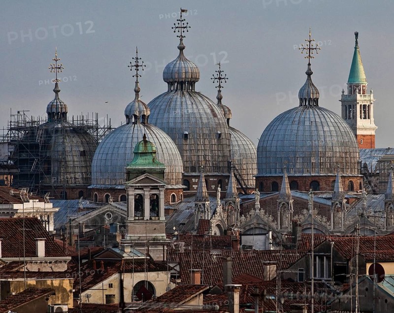 Italy Venice St Mark's Basilica -86 domes from north-west right Campanile seen from the roof of the Fondaco dei Tedeschi