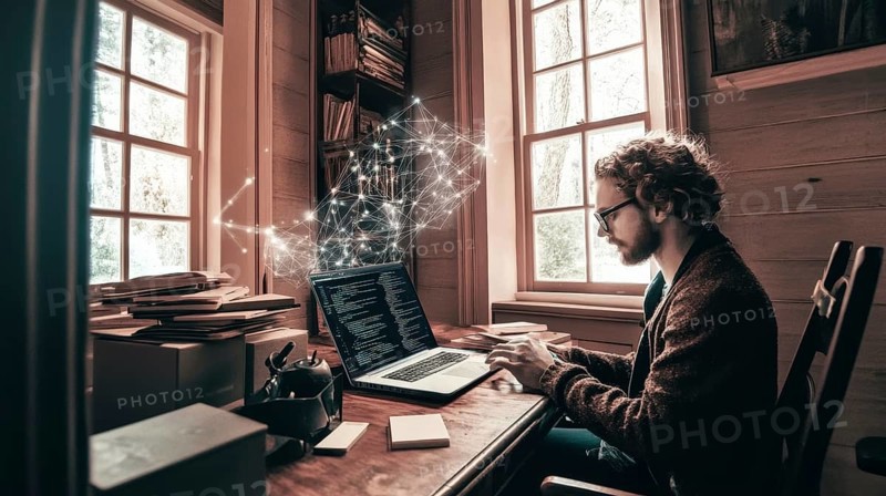 A person with glasses is working on a laptop with a network visualization in a room with many windows. Boxes and books are scattered, blending tech with tradition in this modern workspace, AI generated
