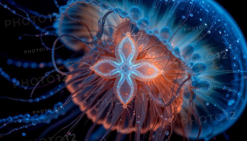Intricately detailed jellyfish in shades of blue and orange, AI generated